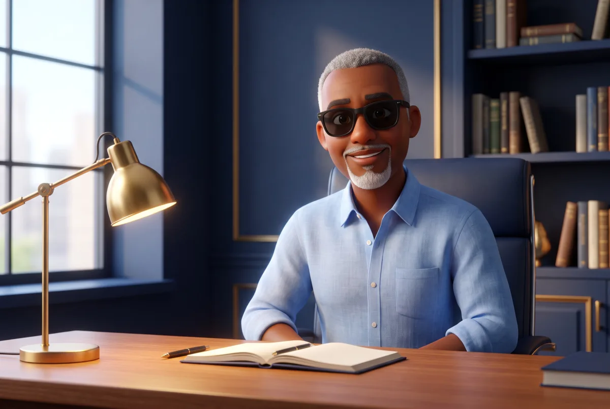 Illustrated portrait of the Census Partner founder at his desk
