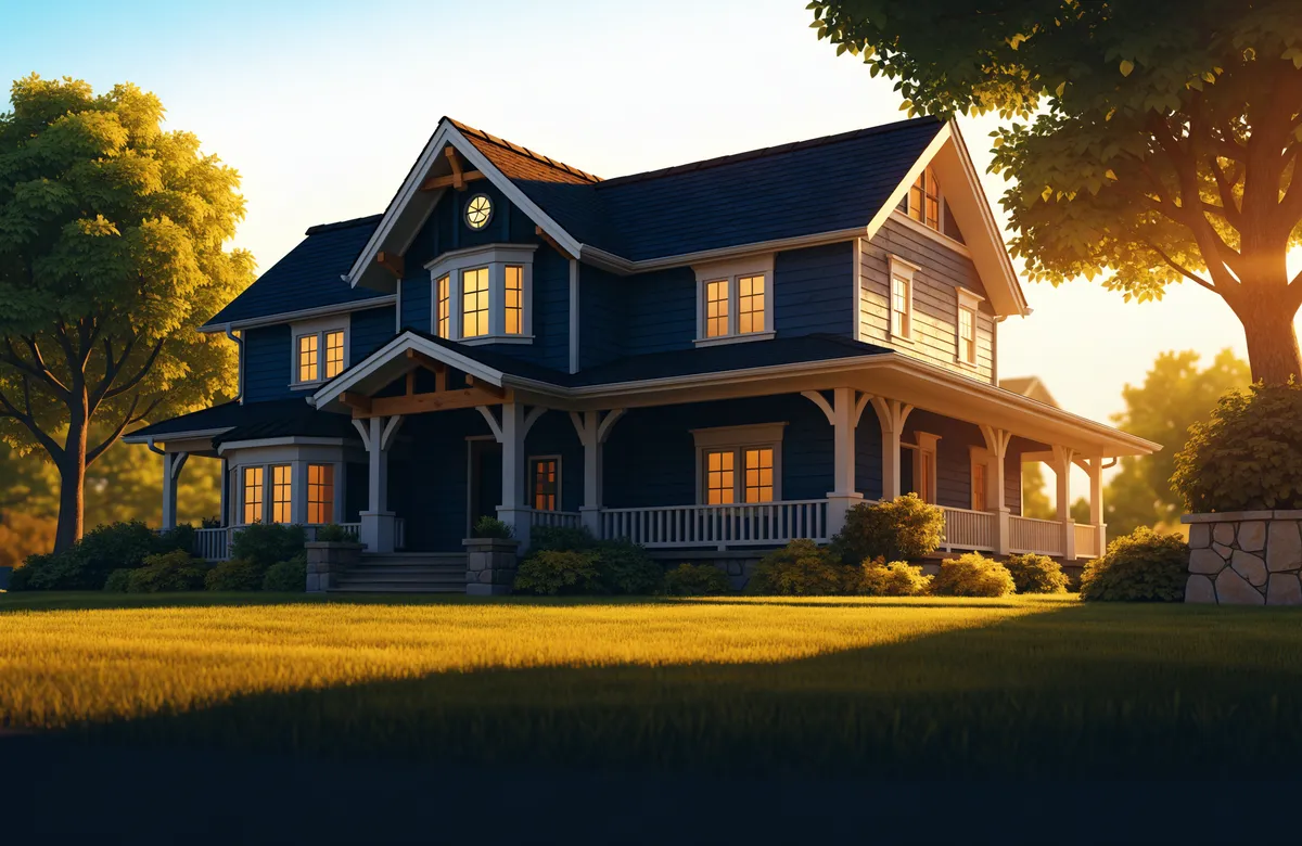 Illustration of a warm, welcoming residential care home at golden hour