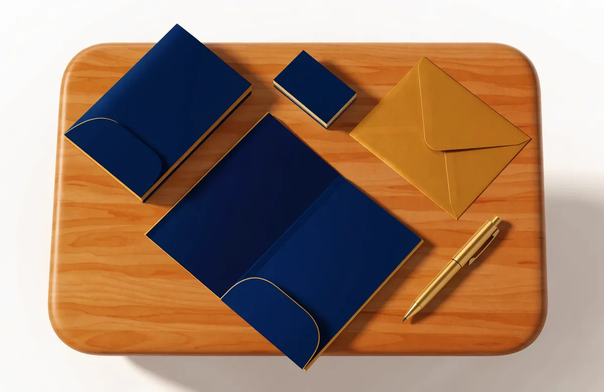 Illustration of elegant navy and gold brand stationery on an oak table