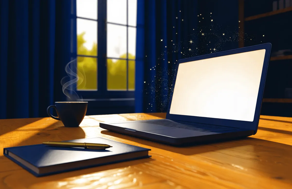 Illustration of a premium workspace with laptop, coffee and notebook