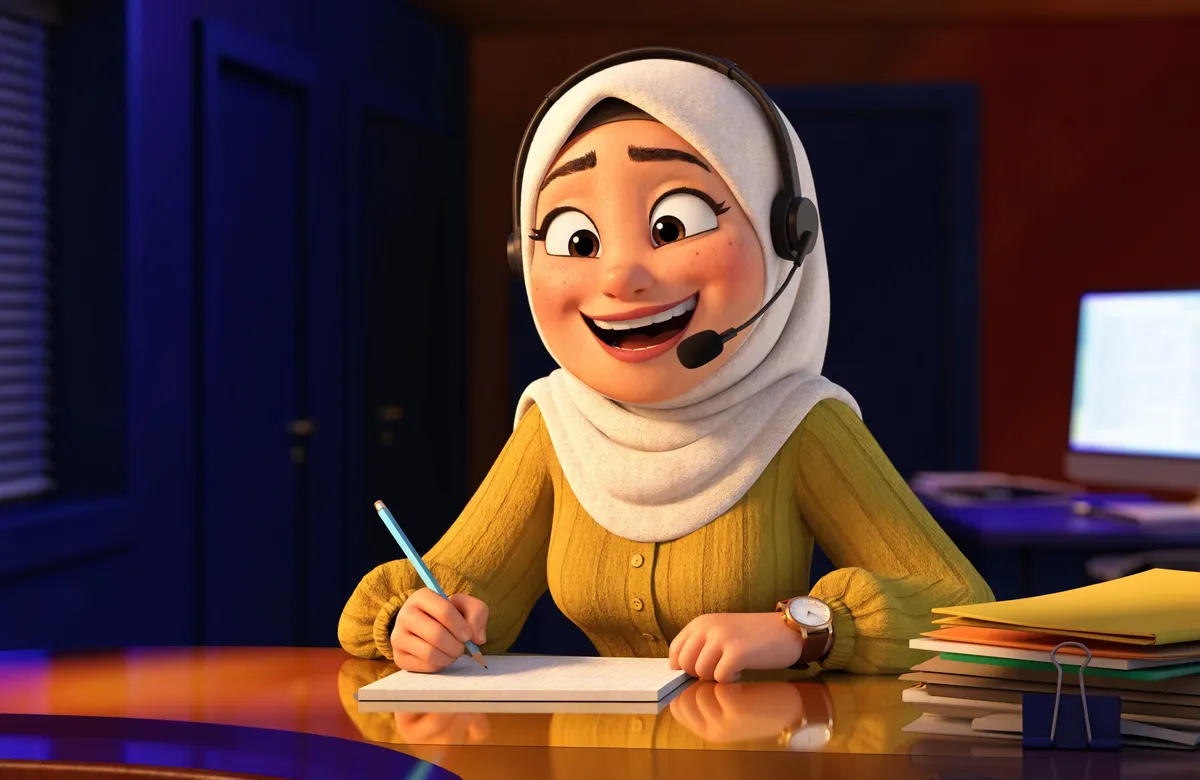 Illustration of a friendly professional with a headset at an organized front desk