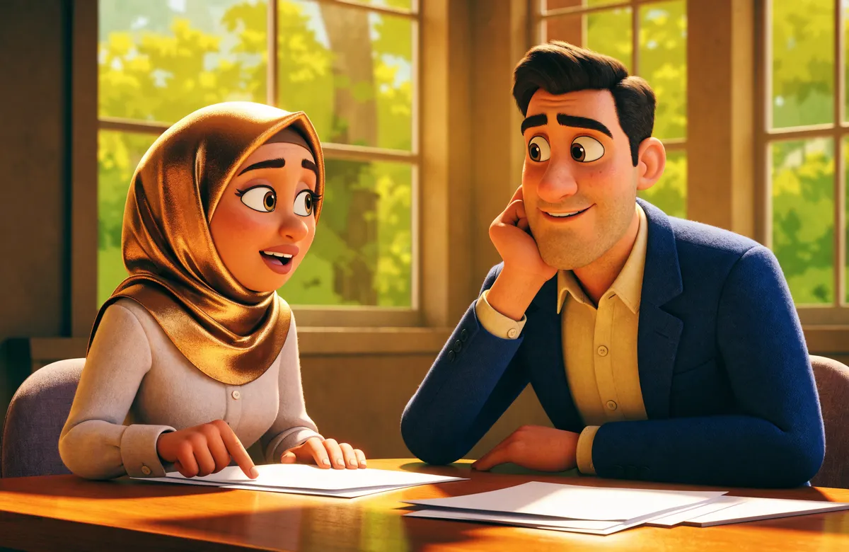Illustration of two professionals reviewing documents together at a conference table