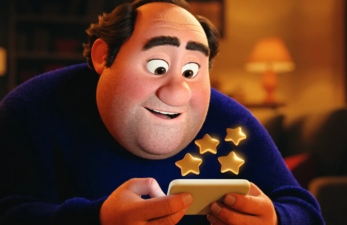 Illustration of a delighted man reading five-star reviews on his phone